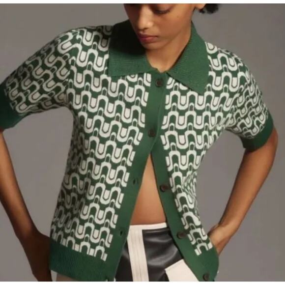 Anthropologie Maeve Kinsley Collared Preppy Cardigan Sweater Green Large - Picture 1 of 8